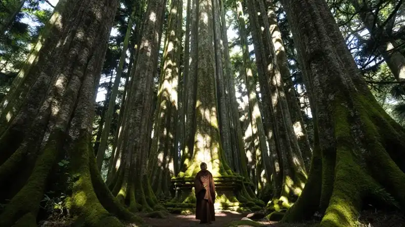 Glowing plant towers over a monk among mossy ancient stones