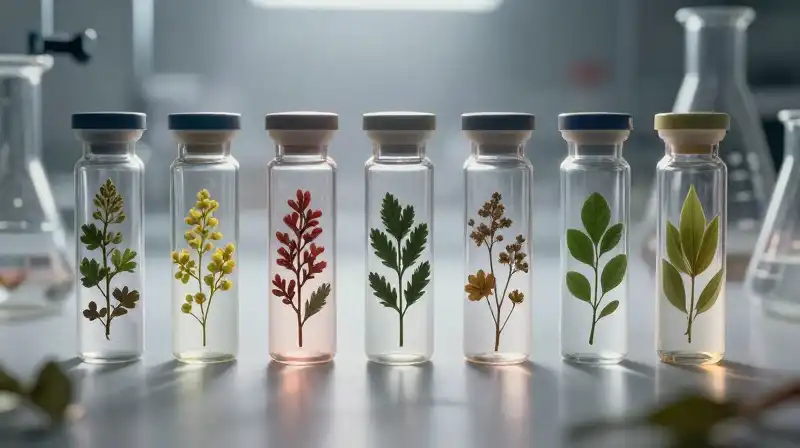 Variegated botanical samples suspended in mist and glass