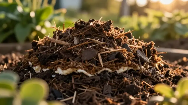 Layered rich compost glows under warm, golden hour sunlight
