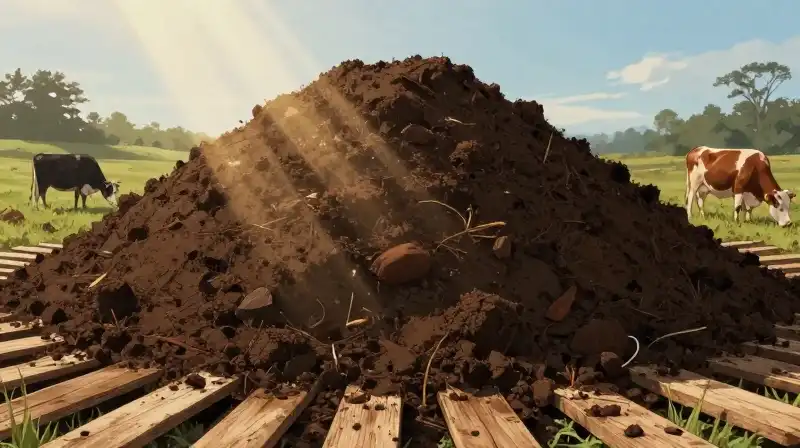 A massive, detailed compost heap glows in dramatic sunbeams