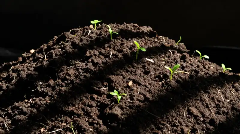 Dark earth mounds display vibrant green sprouts beneath dappled sunlight