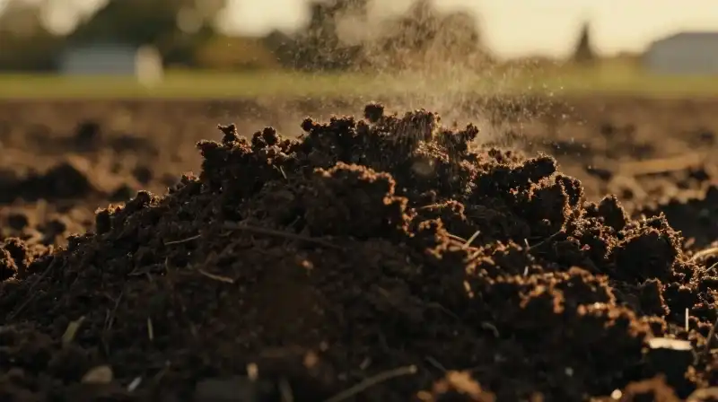 Rich, bubbling dark compost bathed in warm golden hour sunlight