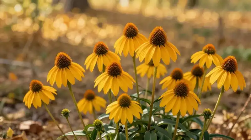 Vibrant cone flowers dot soft, sunlit autumn ground