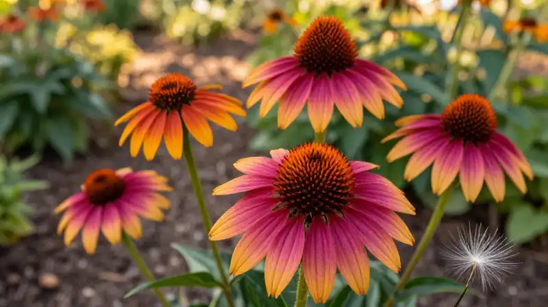 Vibrant coneflower blooms and delicate seeds are illuminated by soft golden sunlight