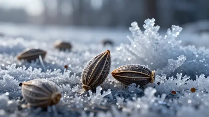 Seeds rest on glittering ice under dramatic winter light