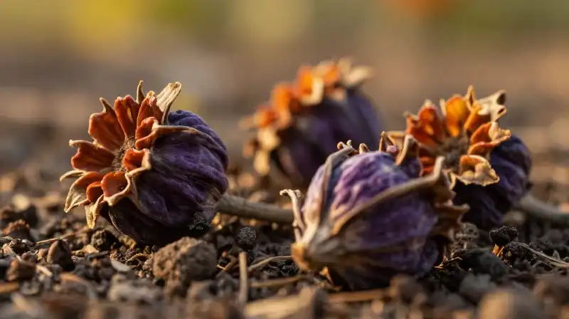 Intricate purple and orange seeds glow in warm golden sunlight