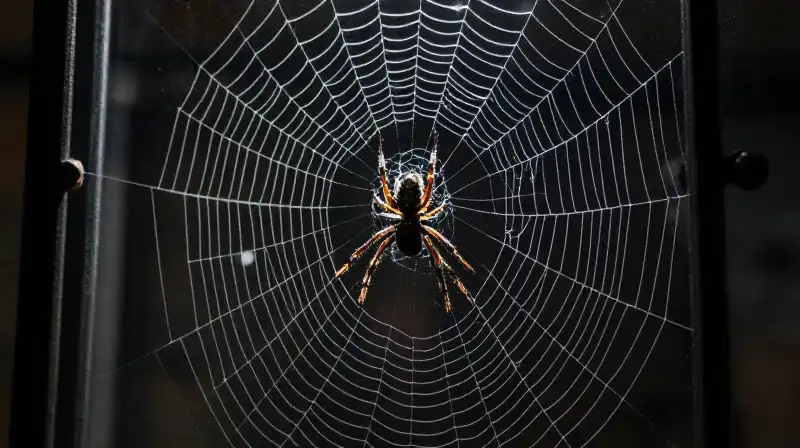 A spider is trapped behind thick glass, illuminated by dense, dark webs