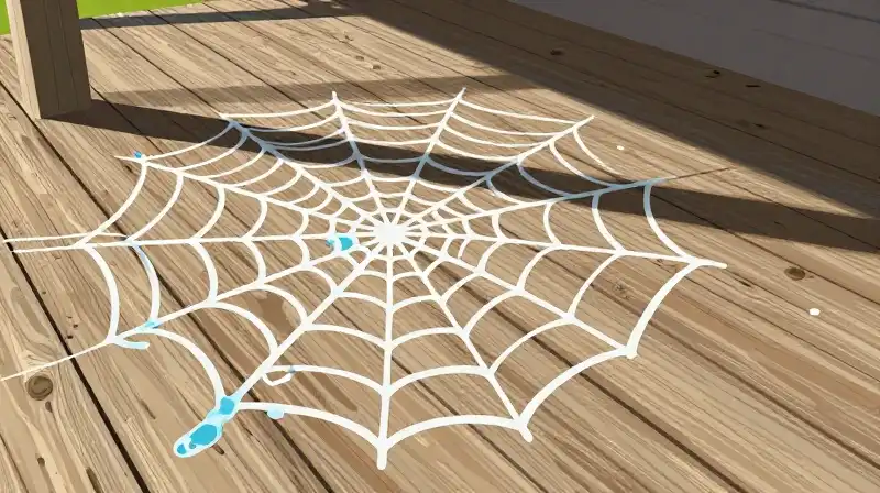 Intricate blue spider trap on a sunlit wooden porch