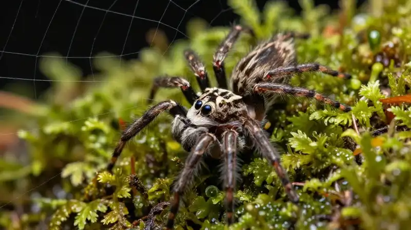 A detailed jumping spider leaps amidst a damp moss web