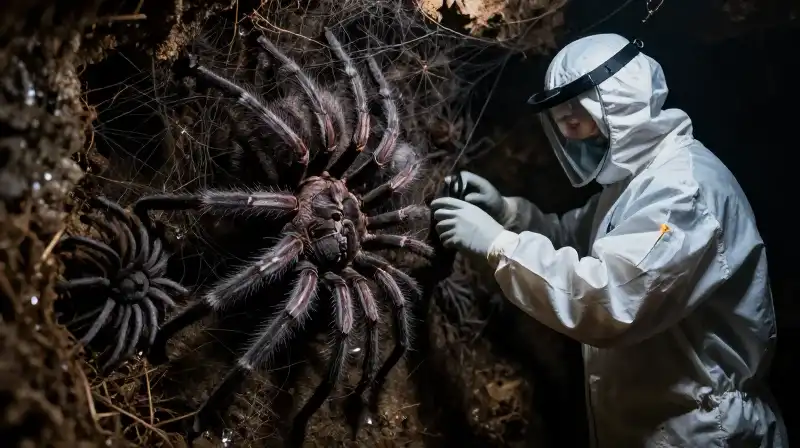 A worker confronts a massive, dark spider tangle in a damp, dimly lit corner