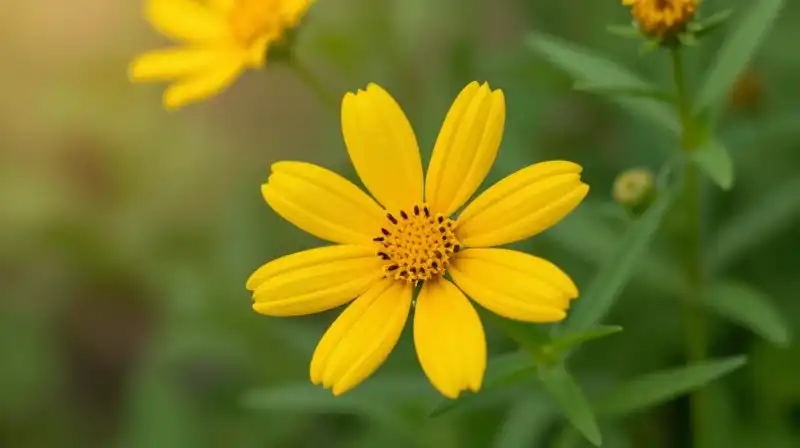 A Coreopsis palmata with vibrant yellow blooms glows in soft golden hour sunlight