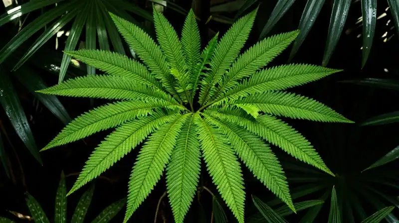 A lush tropical plant glows with vibrant color and dramatic shadow