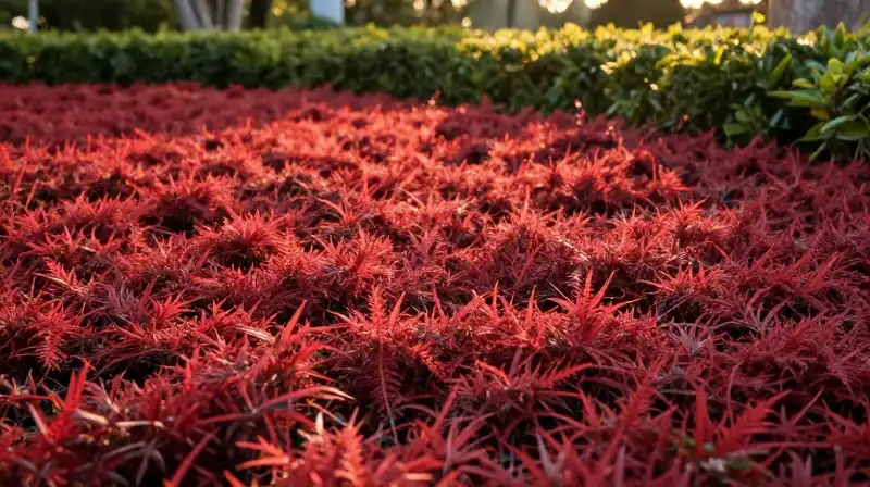 Golden light illuminates the manicured red fescue lawn border