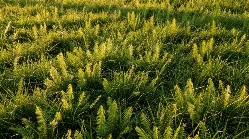 Lush green fescue lawn bathed in soft, golden light