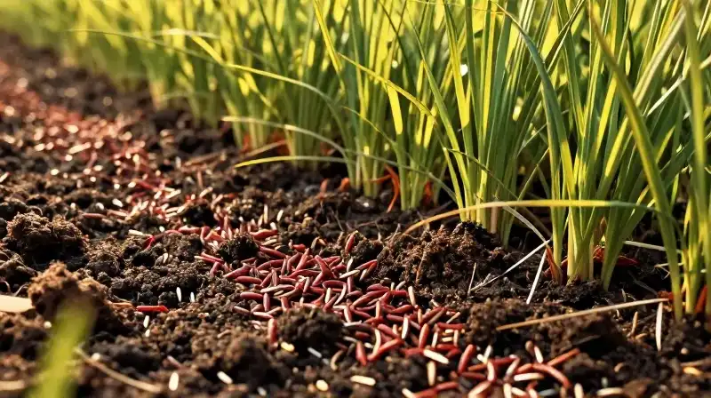 Golden light illuminates seeds and fresh green growth in dark soil