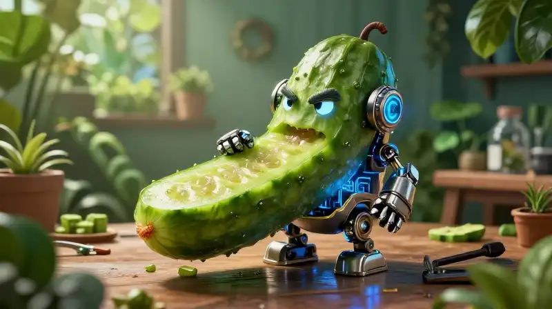 A quirky green mechanical cucumber muncher glows within a detailed botanical workshop