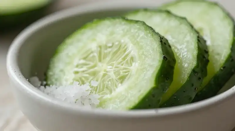 Soft sunlight highlights cucumber slices in a rustic white bowl