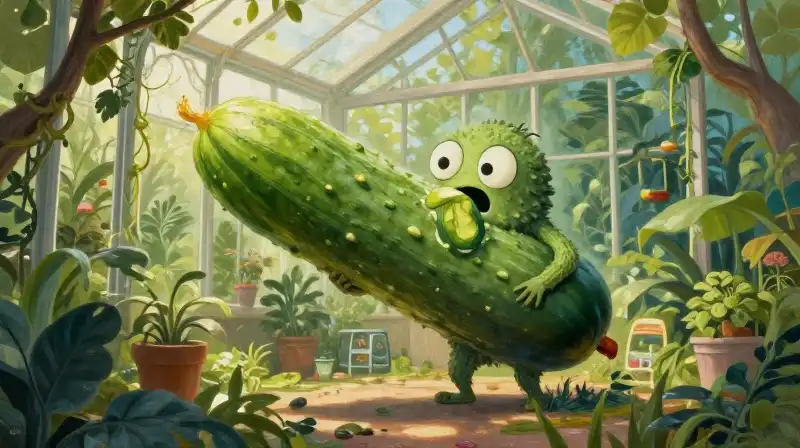 Whimsical creature devours cucumber in lush, sunlit greenhouse