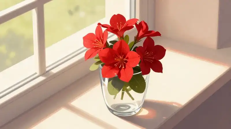 Vibrant red flowering plant in a glass cup sits in bright sunlight