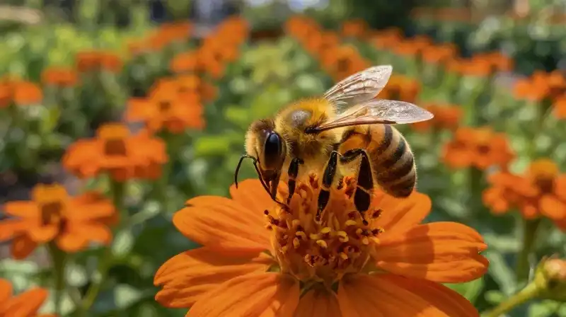 A bee rests on a vibrant red flower in a sunny garden
