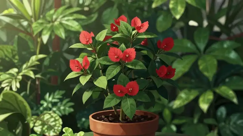 A vibrant red and green Cuphea plant shines in a sunlit garden