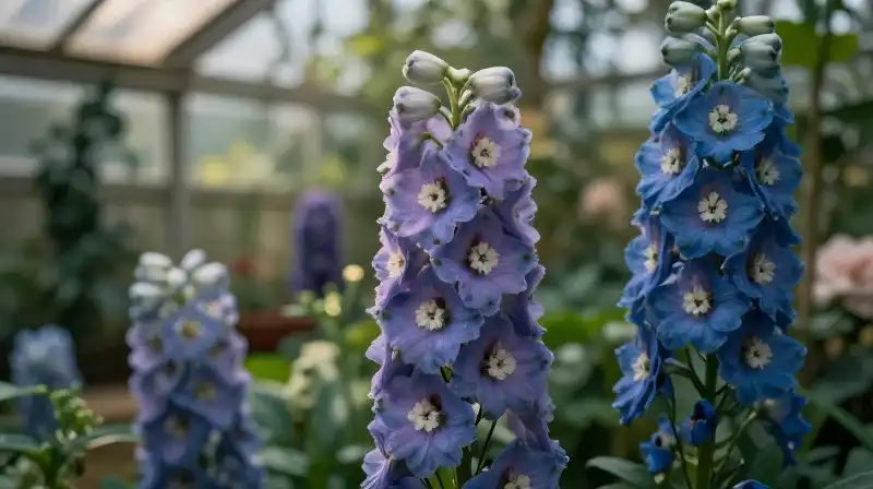 Vibrant delphiniums bloom richly within a lush, illuminated greenhouse