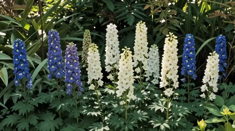 Lush garden beauty with graceful, sunlit delphiniums in rich foliage