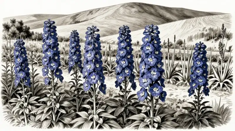 Voluminous delphiniums bloom in defined rows on an arid hillside