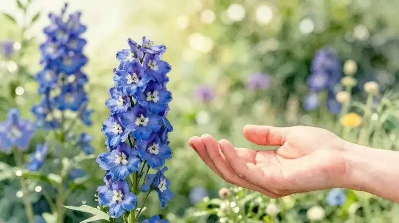 A hand observes bright blue delphiniums in a dappled, sunny garden