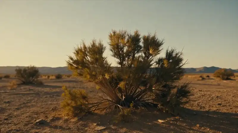 A golden desert shrub glows in an arid landscape under a warm, cinematic sun