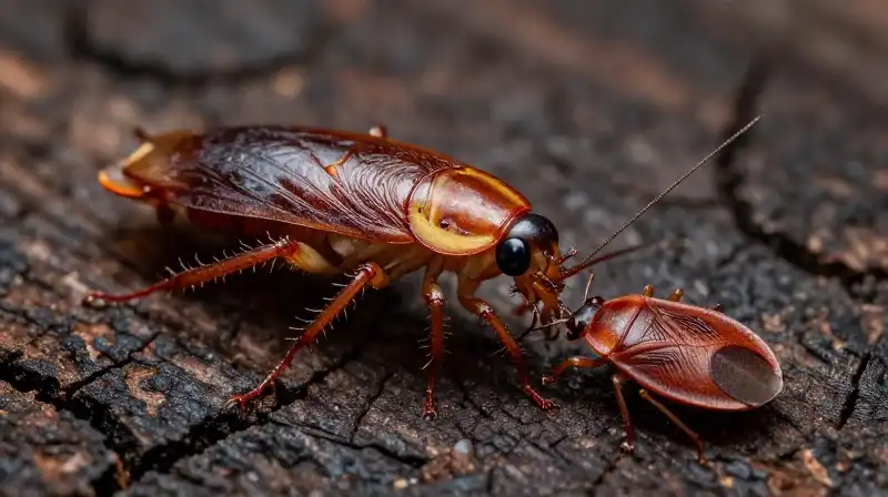A detailed brown cockroach and reddish bed bug on dark cracked wood