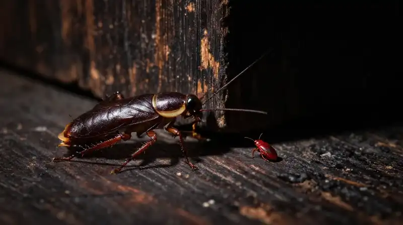 A large dark cockroach and a tiny red bed bug on weathered dark wood