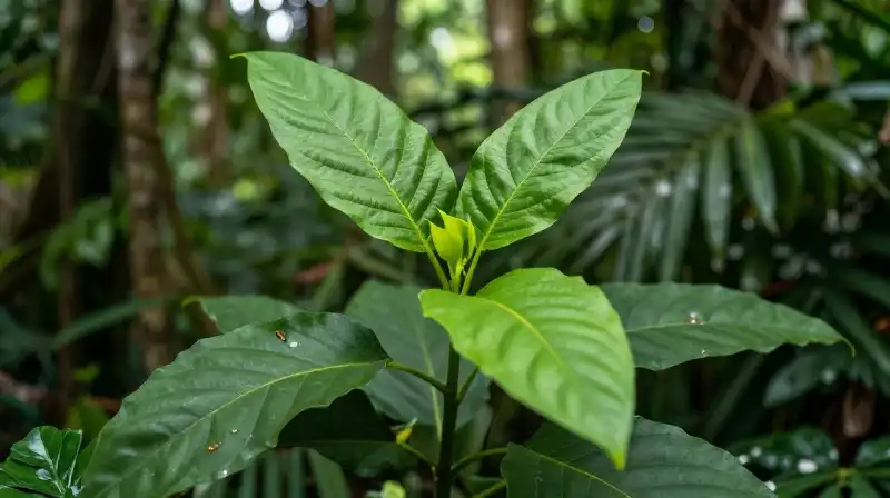 A bright, detailed donkey ear plant in a sun-dappled jungle