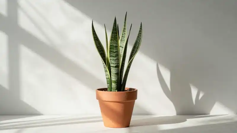 A tall Sansevieria plant glows in the warm, dappled greenhouse light