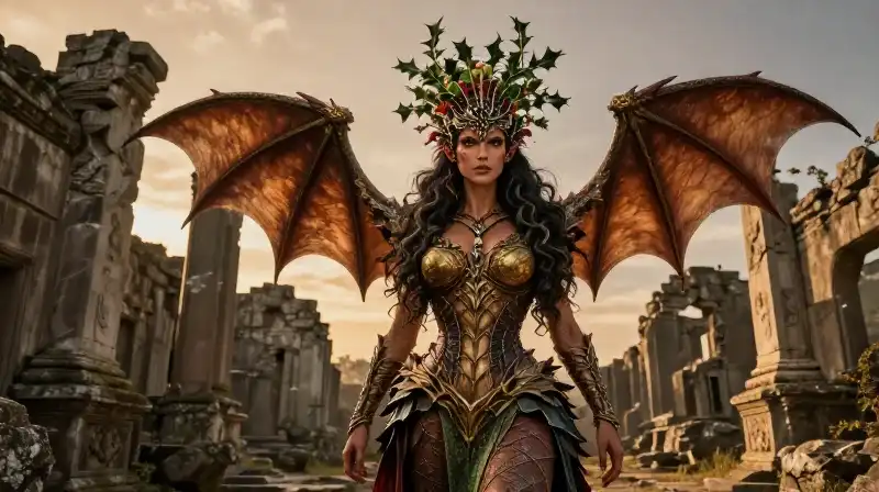 A regal lady with dragon features among mossy ruins at sunset