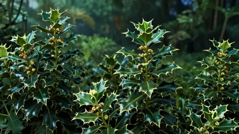 Vibrant holly plants glow dramatically within a lush, detailed landscape