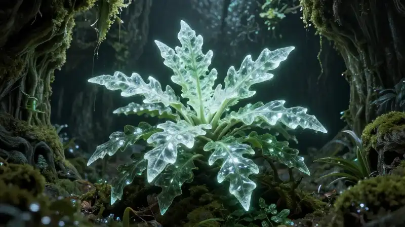 A glowing crystalline dragon holly plant in an ancient bioluminescent cavern