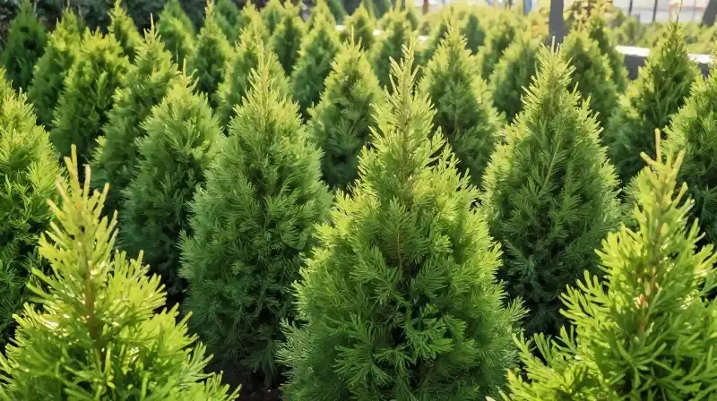 Green arborvita rows stand in a bright, morning garden