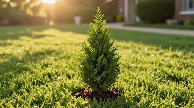 Golden light warms a manicured lawn with clipped dwarf arborvitae