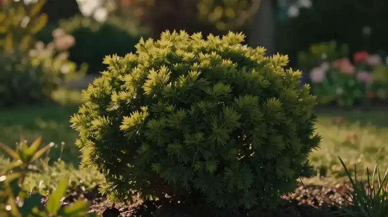 A compact golden arborvita bathed in soft evening sunlight in a lush garden