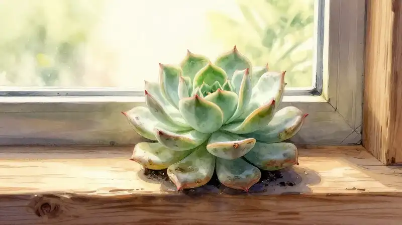 Gentle watering restores a wilted succulent on a cozy wooden sill