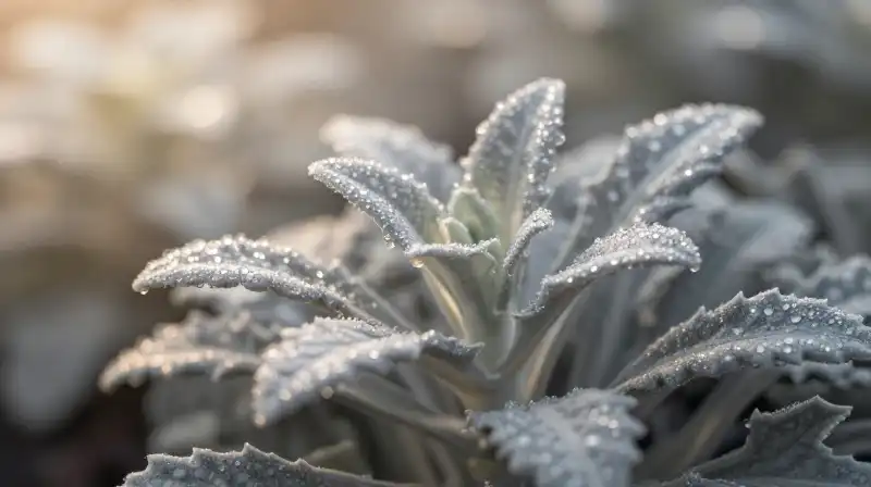 Silver plant leaves glisten with dew in soft morning gold