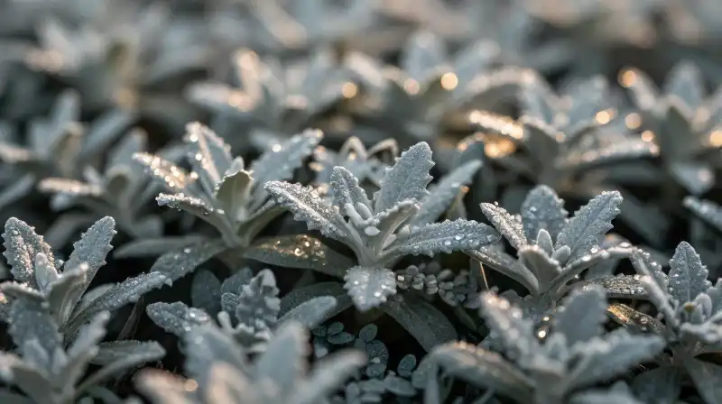 Silvery ground cover glistens under soft golden hour sunlight in a garden