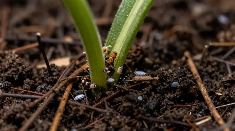 Tiny aphids swarm a compromised plant in rich, dramatically lit soil
