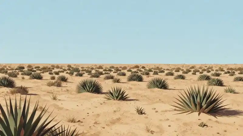 Desert plants thrive under a harsh, bright pale blue sky