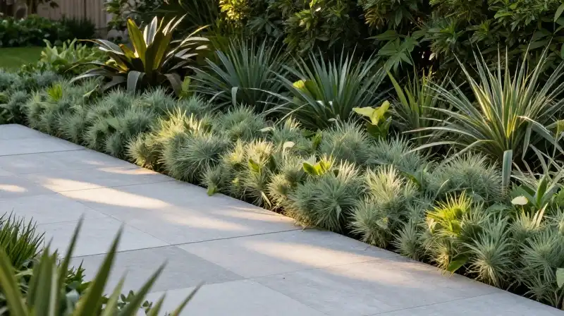 Golden light warms silvery groundcover on a modern stone patio