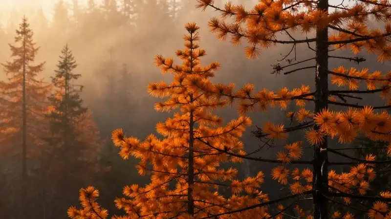 Vibrant orange Eastern Larch stands dramatically in a misty boreal forest