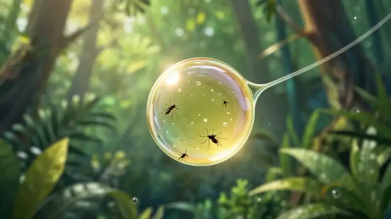 A glistening droplet rests on vibrant jungle leaves in dappled light