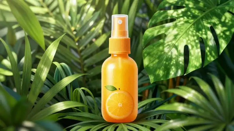 A bright citrus bottle shines among lush green tropical foliage