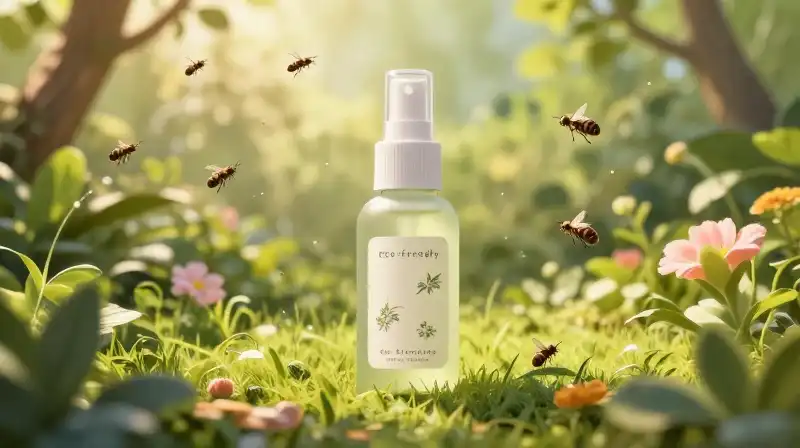 Mist bottle in a lush garden surrounded by fleeing insects